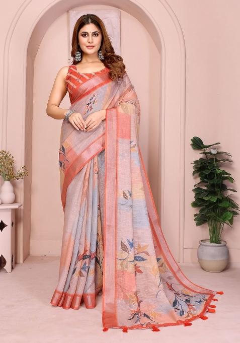 Grey Embroidered Cotton Saree Set