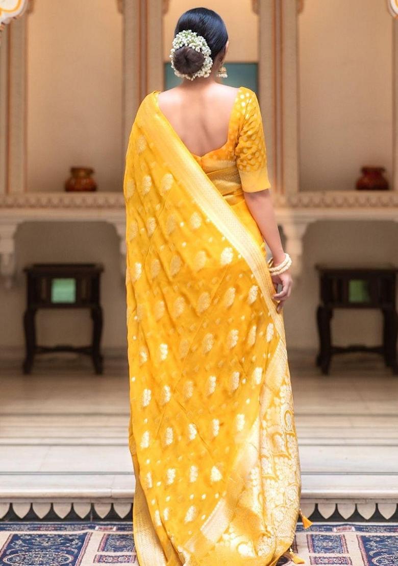 Mustard Embroidered Silk Saree Set - Indya