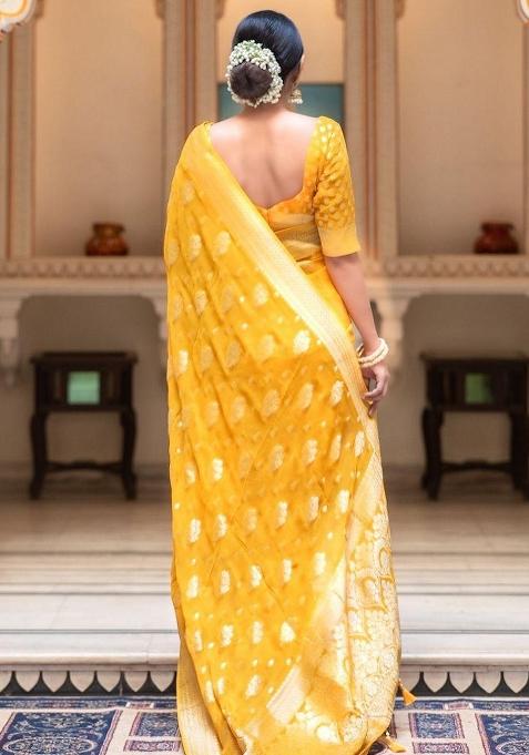 Mustard Embroidered Silk Saree Set