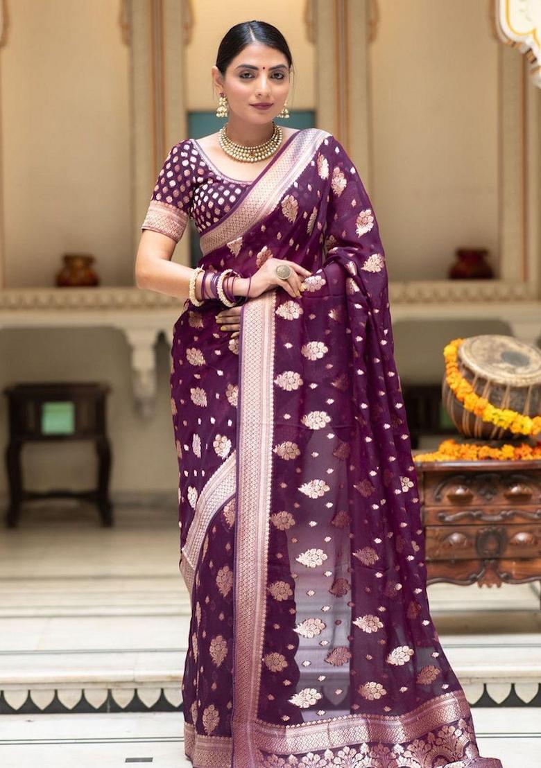 Wine Embroidered Silk Saree Set