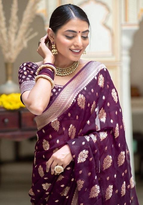 Wine Embroidered Silk Saree Set