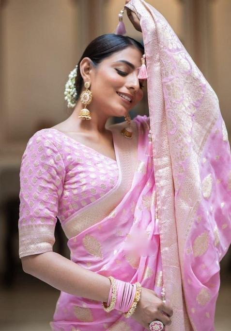 Pink Embroidered Silk Saree Set