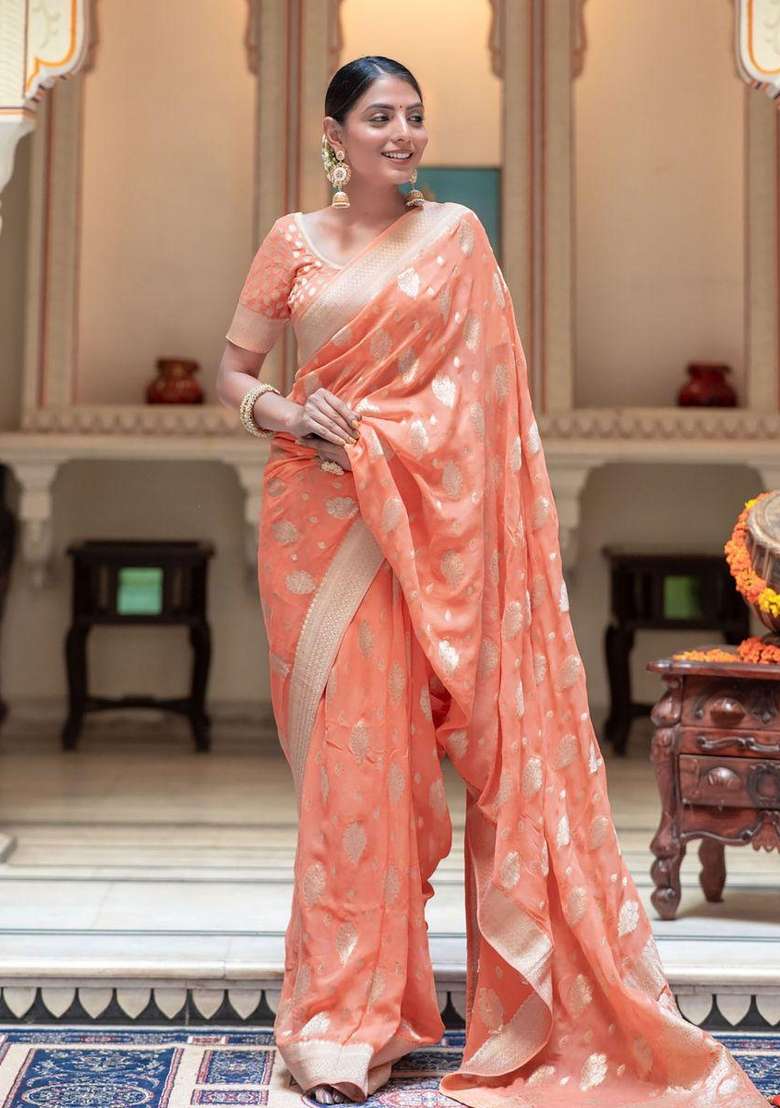 Orange Silk Blend Saree Set with Embroidered for Diwali | Wedding & Festive Wear - Indya