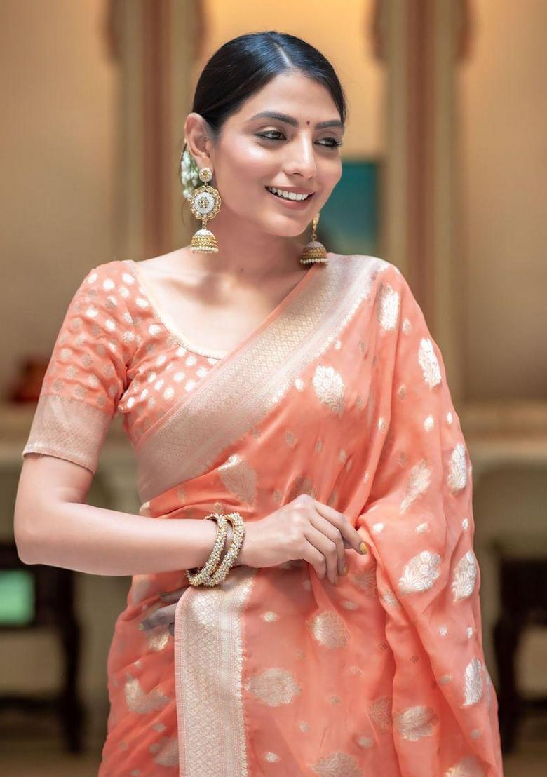 Orange Embroidered Silk Saree Set - Indya