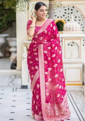 Magenta Embroidered Silk Blend Saree Set