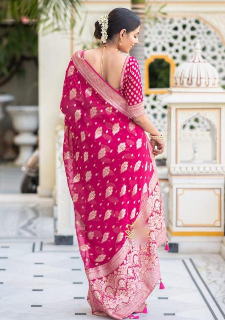 Magenta Embroidered Silk Saree Set - Indya