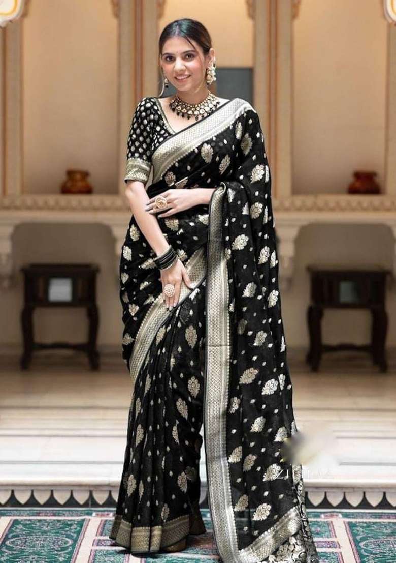Black Embroidered Silk Blend Saree Set for Diwali and Festive Wear - Indya