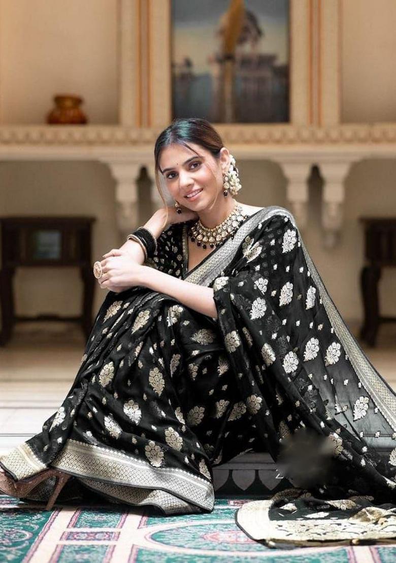 Black Embroidered Silk Saree Set - Indya