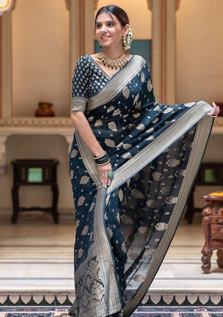 Navy Blue Embroidered Silk Saree Set