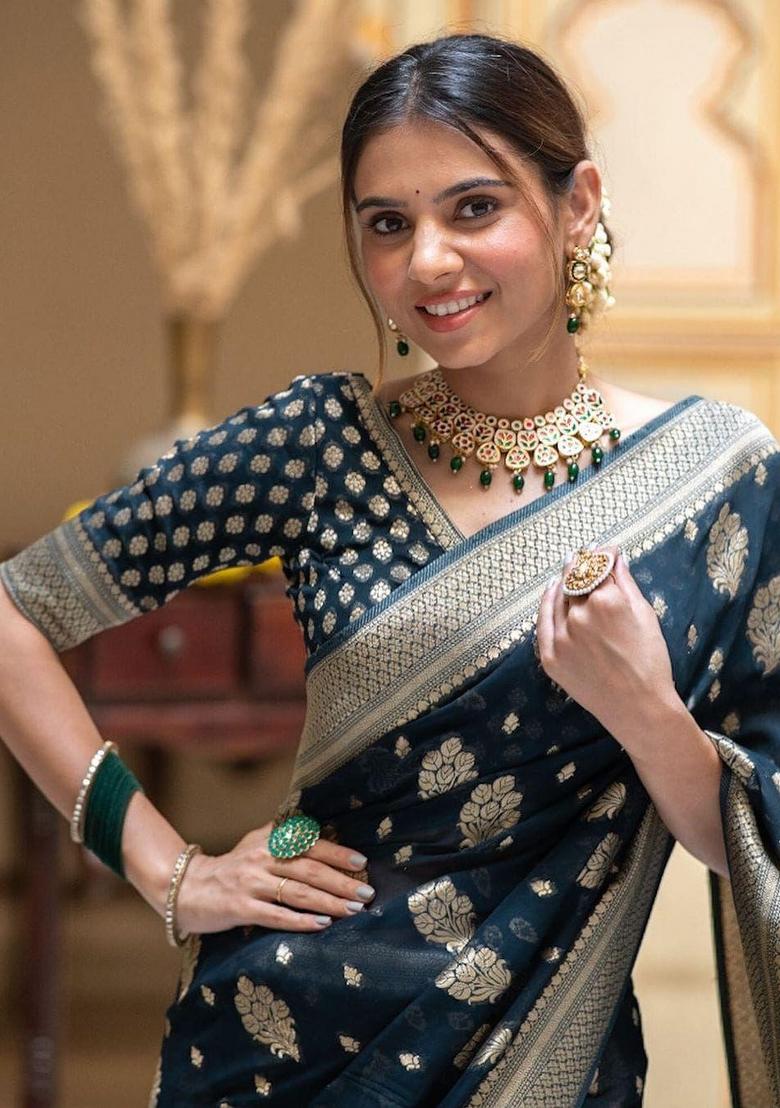 Navy Blue Embroidered Silk Saree Set - Indya