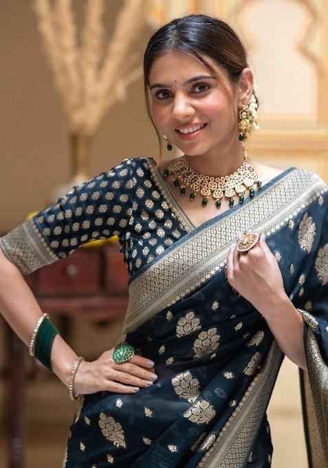 Navy Blue Embroidered Silk Saree Set