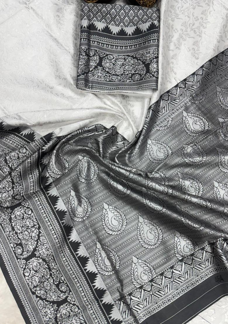 White Embroidered Silk Saree Set