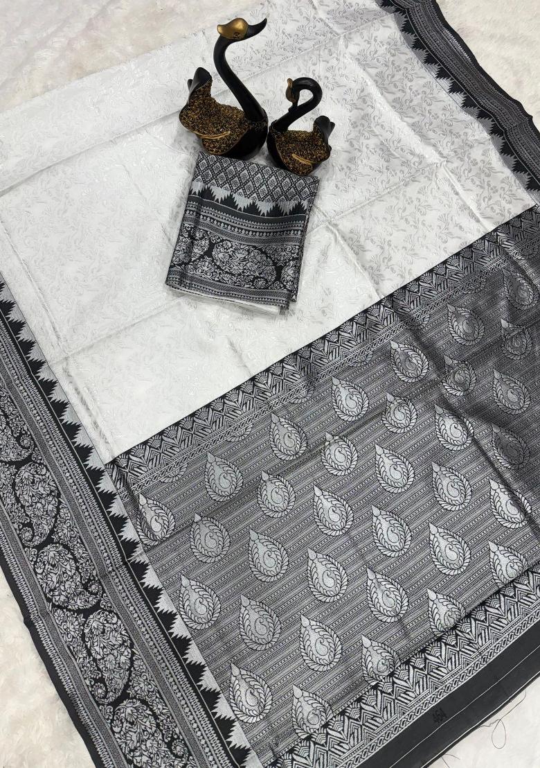 White Embroidered Silk Saree Set - Indya