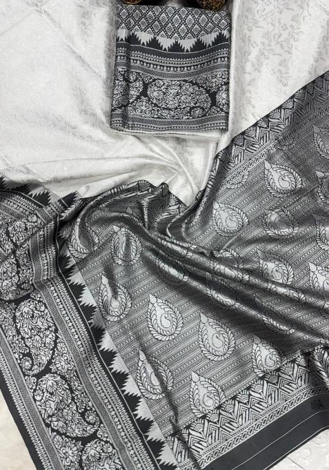 White Embroidered Silk Saree Set