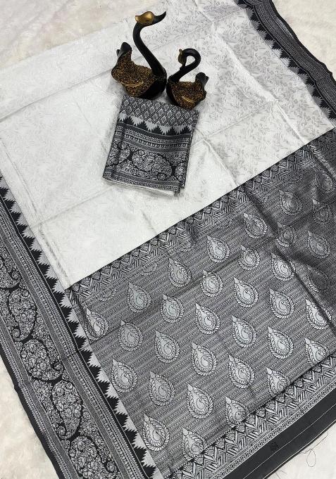 White Embroidered Silk Saree Set