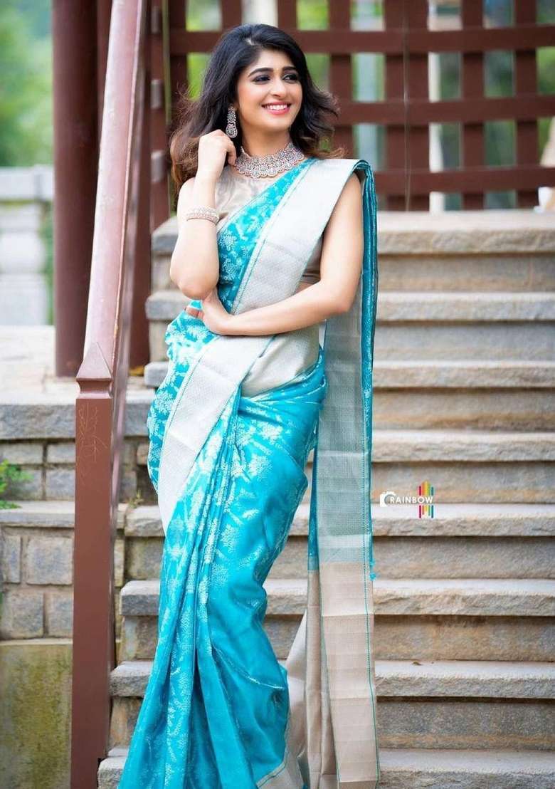Light Blue Silk Blend Saree Set with Embroidered for Diwali | Wedding & Festive Wear - Indya
