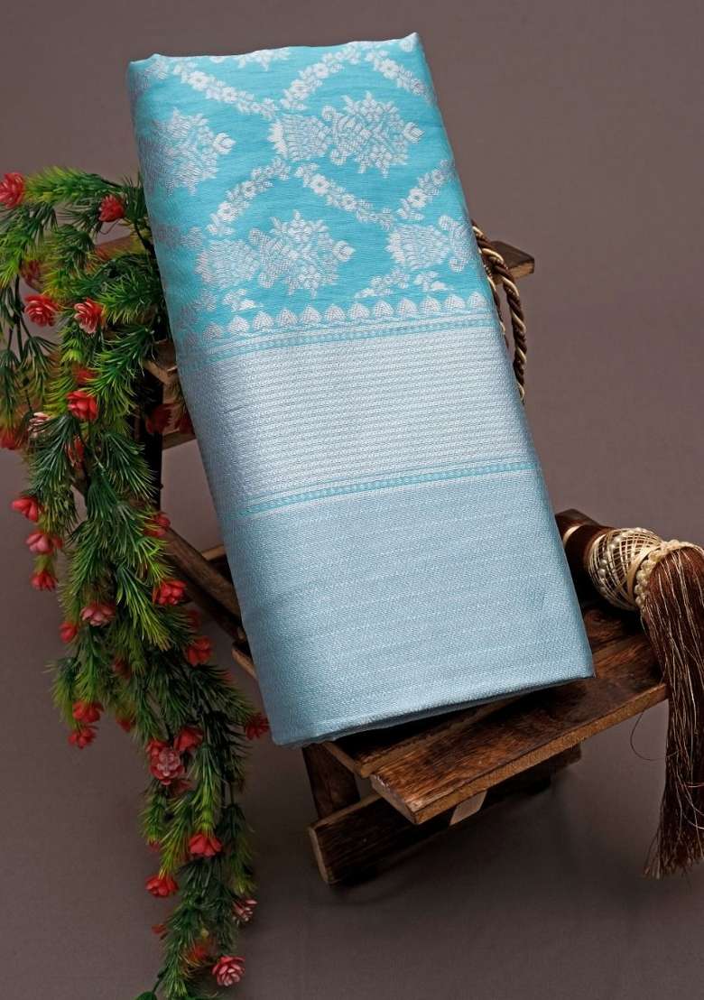 Light Blue Silk Blend Saree Set with Embroidered for Diwali | Wedding & Festive Wear - Indya