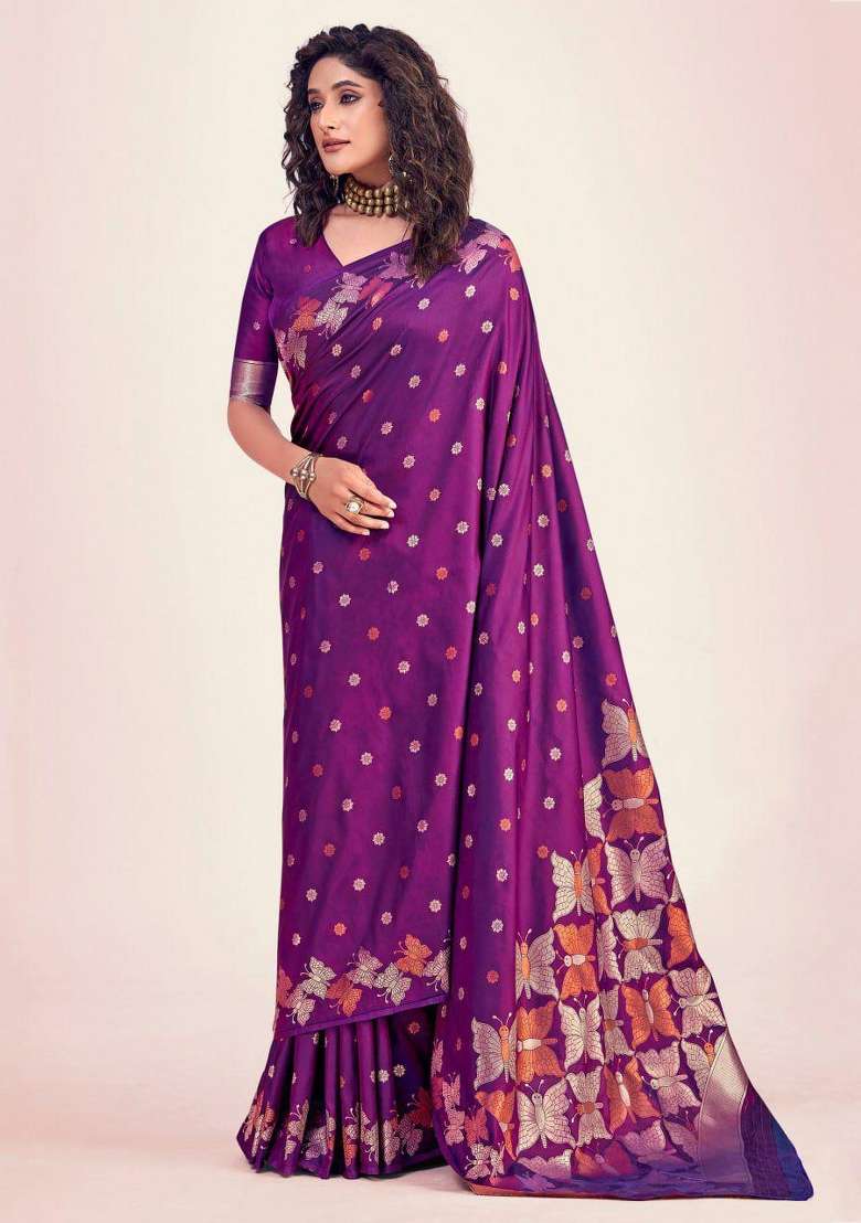 Purple Embroidered Silk Blend Saree Set for Diwali and Festive Wear - Indya