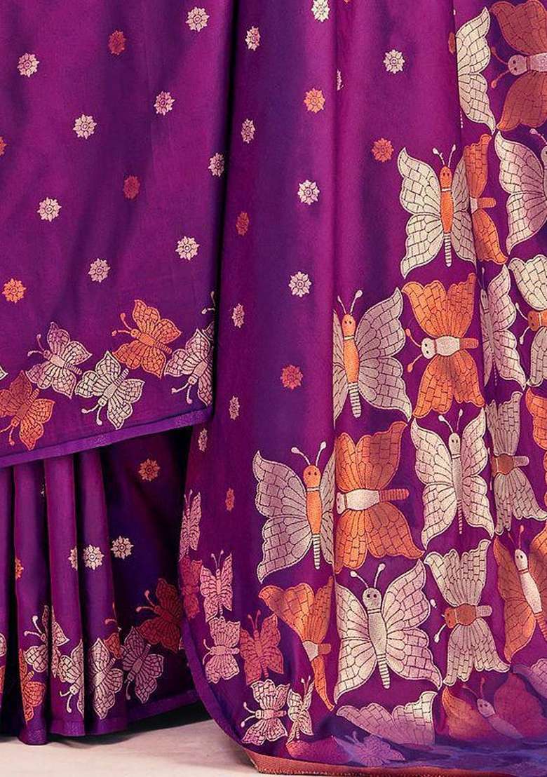 Purple Embroidered Silk Blend Saree Set for Diwali and Festive Wear - Indya