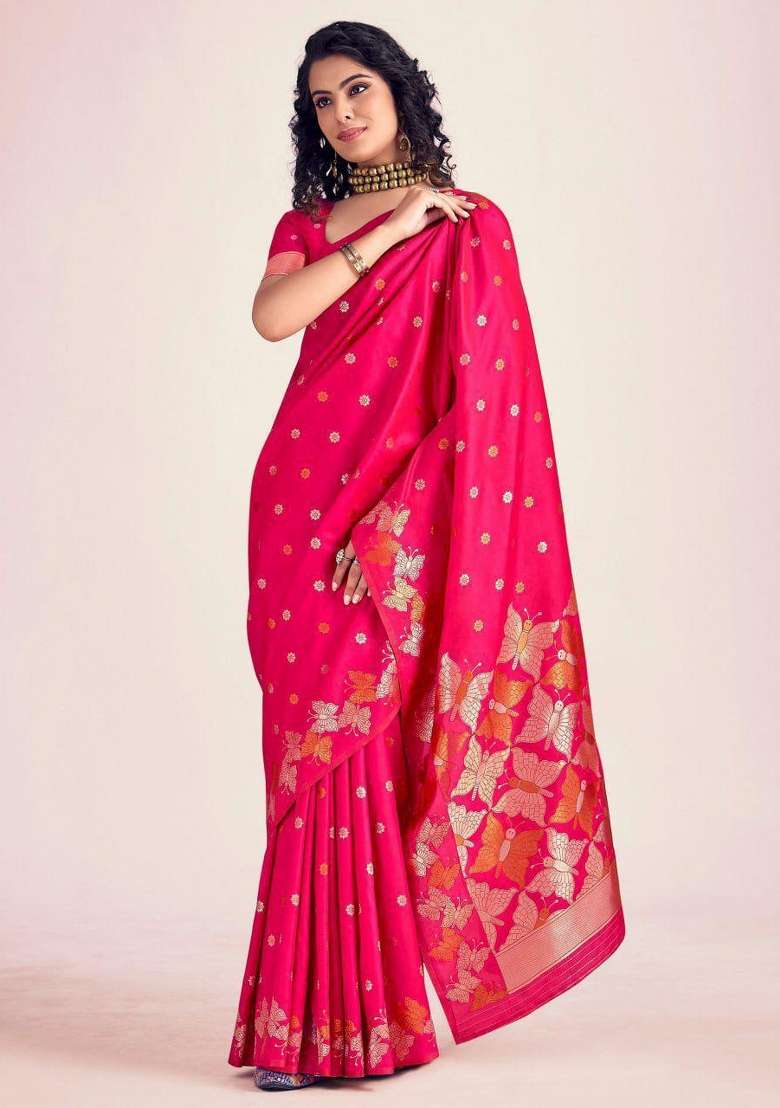 Pink Embroidered Silk Blend Saree Set for Diwali and Festive Wear - Indya