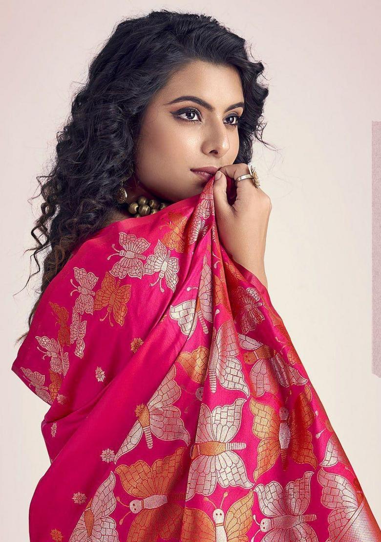 Pink Embroidered Silk Saree Set - Indya
