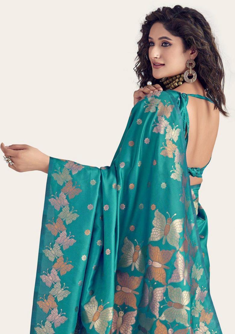 Light Blue Embroidered Silk Saree Set - Indya