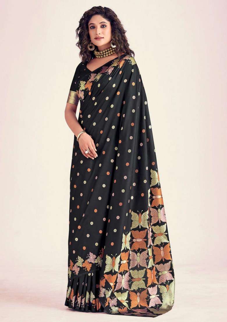 Black Silk Blend Saree Set with Embroidered for Diwali | Wedding & Festive Wear - Indya