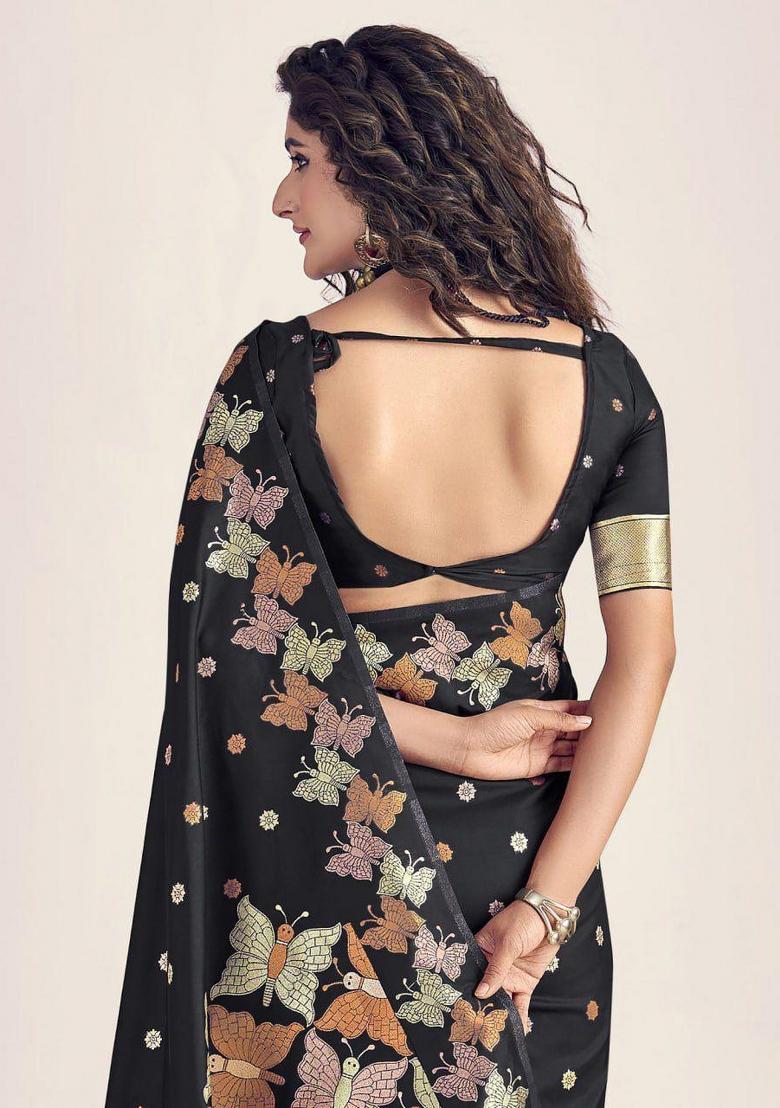 Black Embroidered Silk Saree Set - Indya