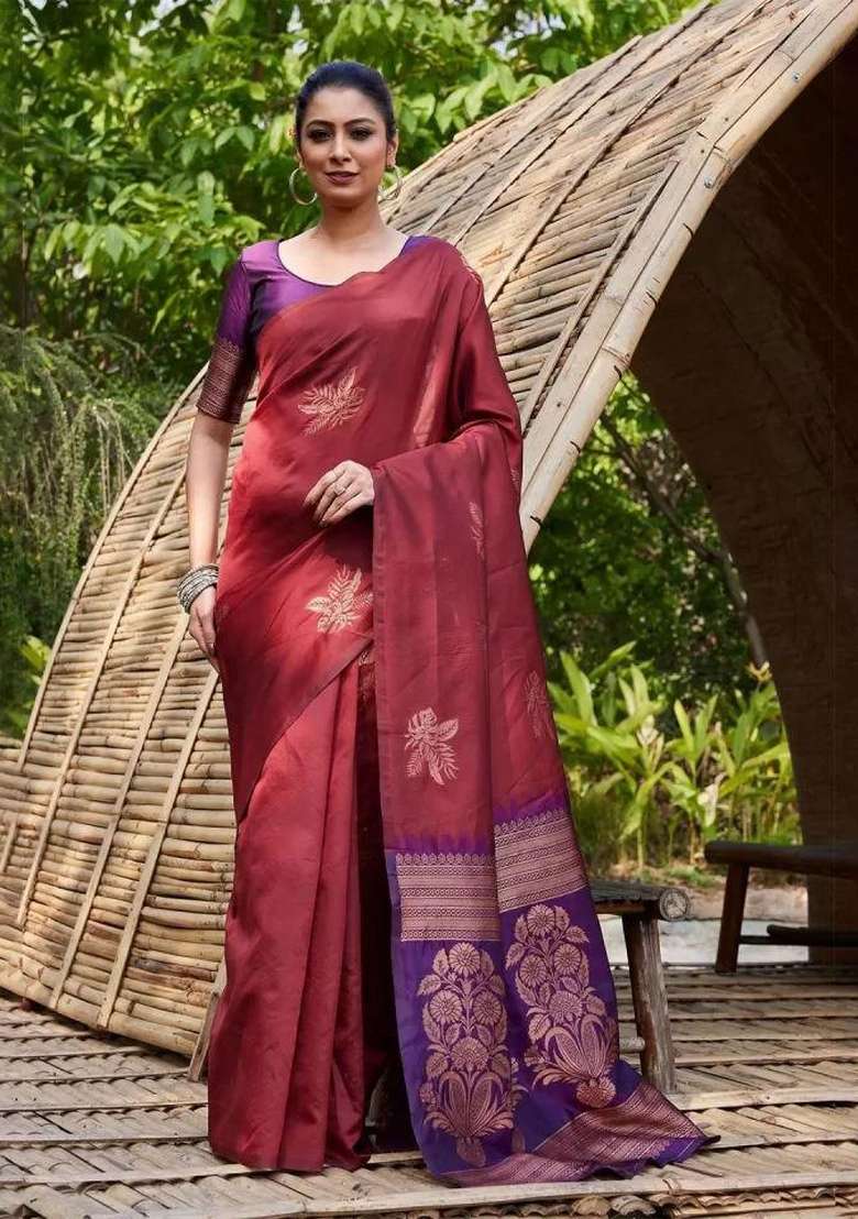 Maroon Silk Blend Saree Set with Embroidered for Diwali | Wedding & Festive Wear - Indya