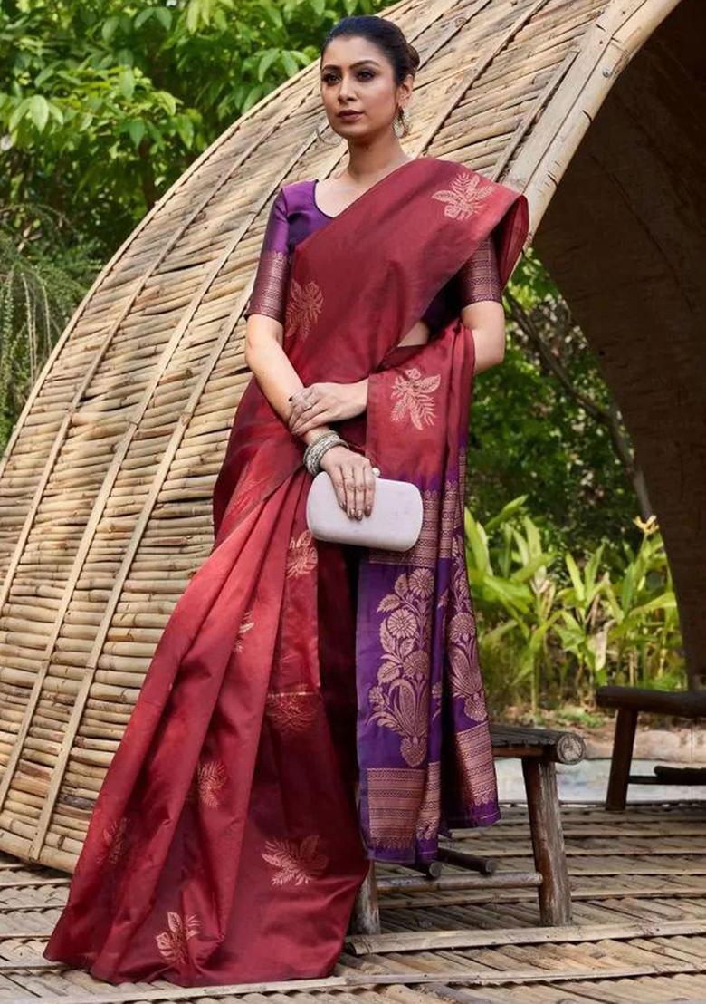 Maroon Embroidered Silk Saree Set - Indya