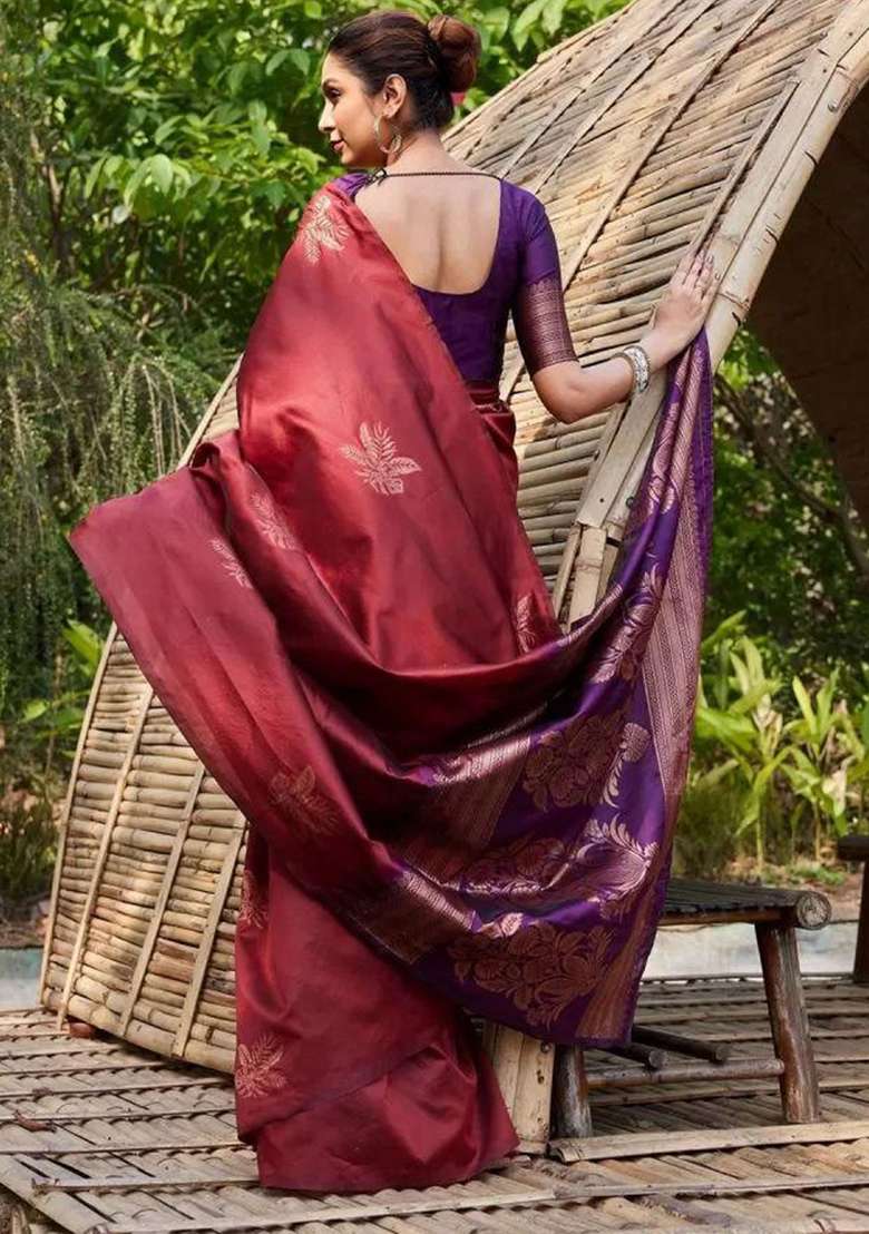 Maroon Silk Blend Saree Set with Embroidered for Diwali | Wedding & Festive Wear - Indya