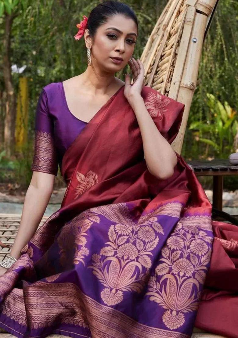 Maroon Embroidered Silk Saree Set - Indya