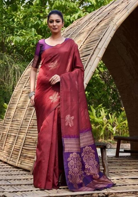 Maroon Embroidered Silk Saree Set