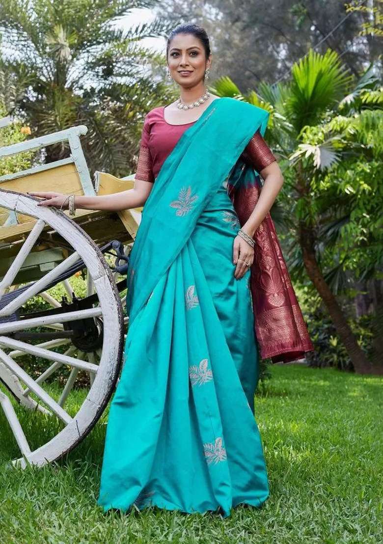 Teal Blue Embroidered Silk Blend Saree Set for Diwali and Festive Wear - Indya
