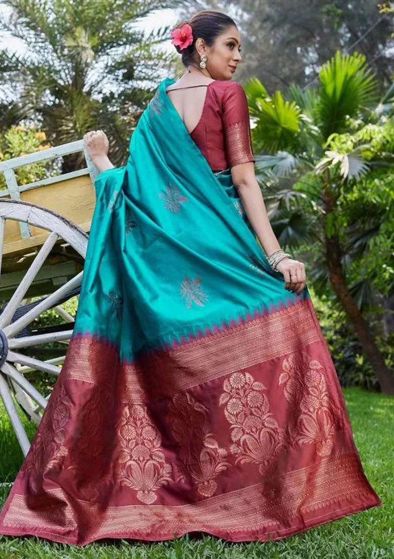 Teal Blue Embroidered Silk Blend Saree Set for Diwali and Festive Wear - Indya