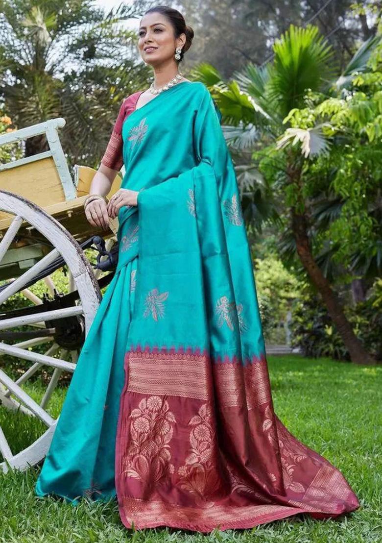 Teal Blue Embroidered Silk Saree Set - Indya