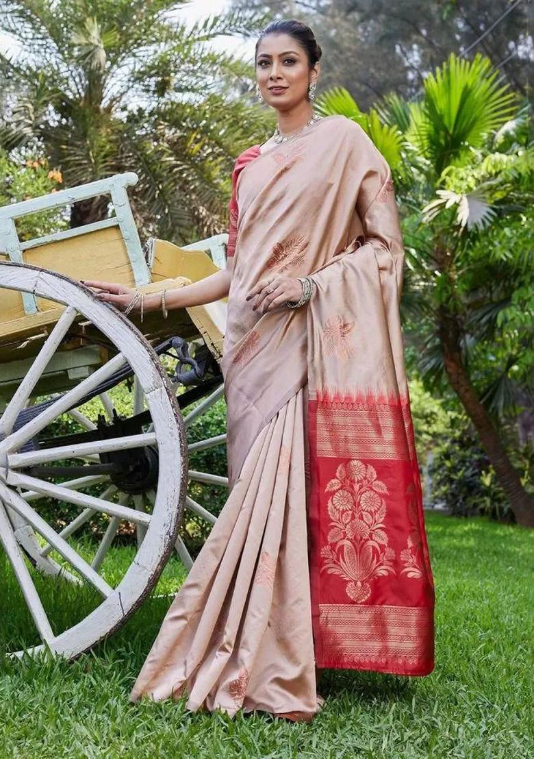 Beige Embroidered Silk Saree Set - Indya