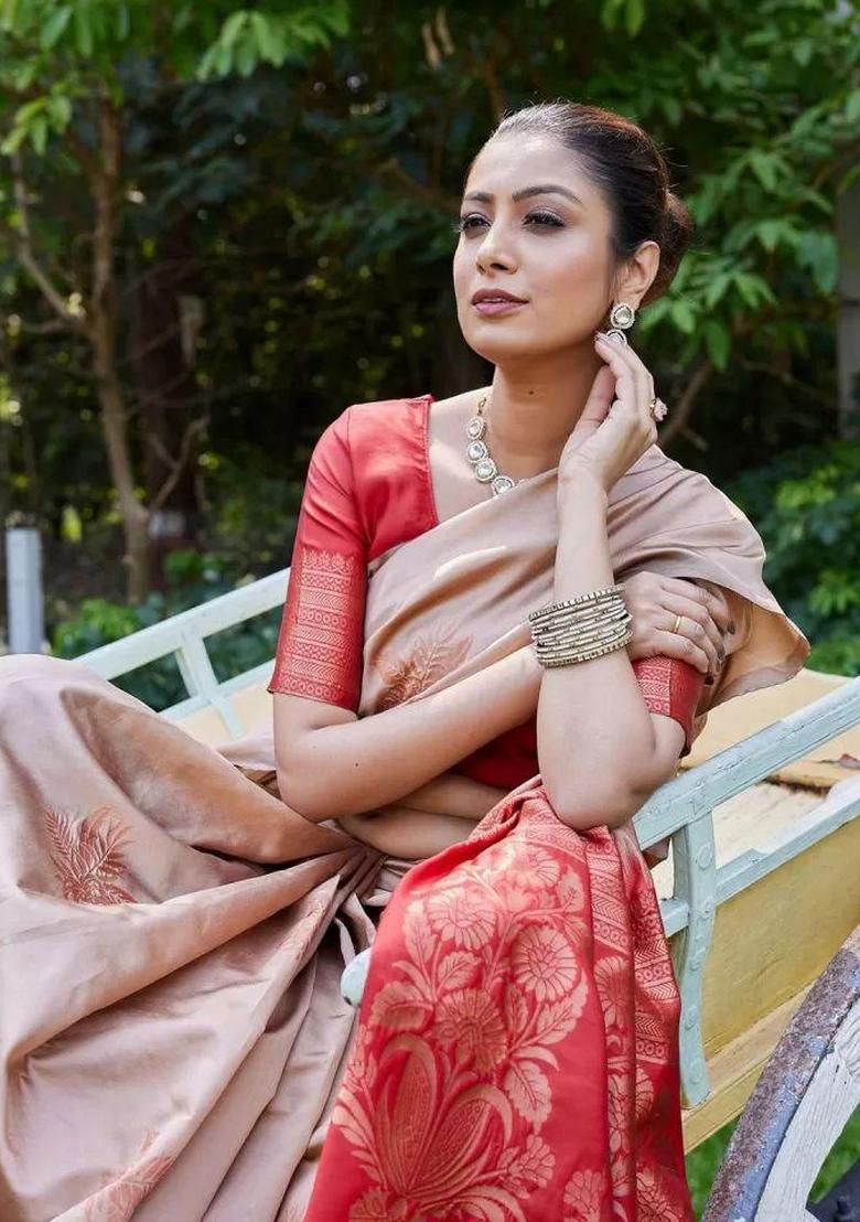 Beige Embroidered Silk Saree Set - Indya