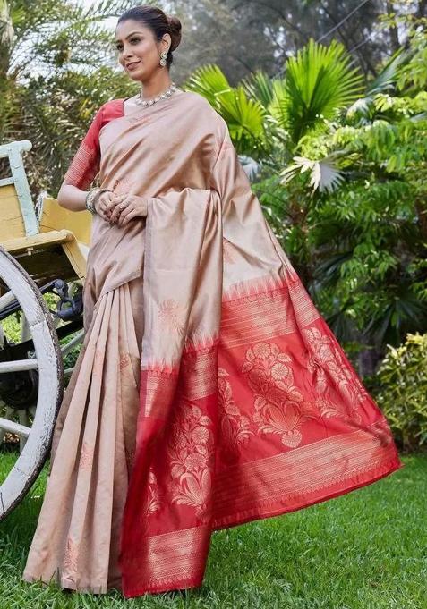Beige Embroidered Silk Saree Set