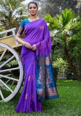 Purple Embroidered Silk Saree Set