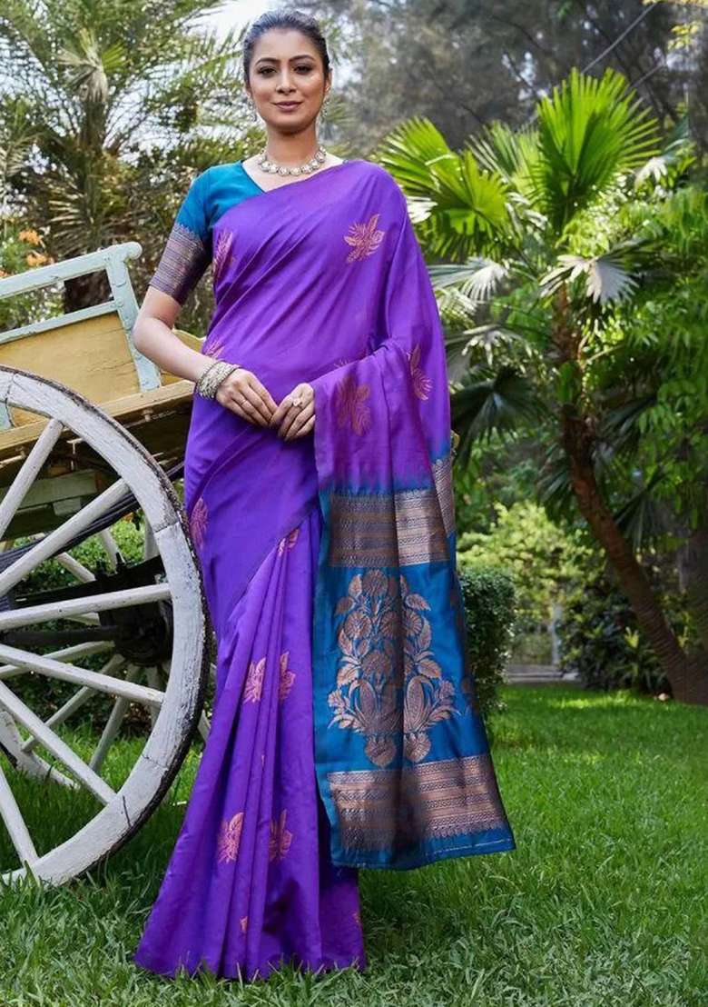 Purple Embroidered Silk Blend Saree Set for Diwali and Festive Wear - Indya