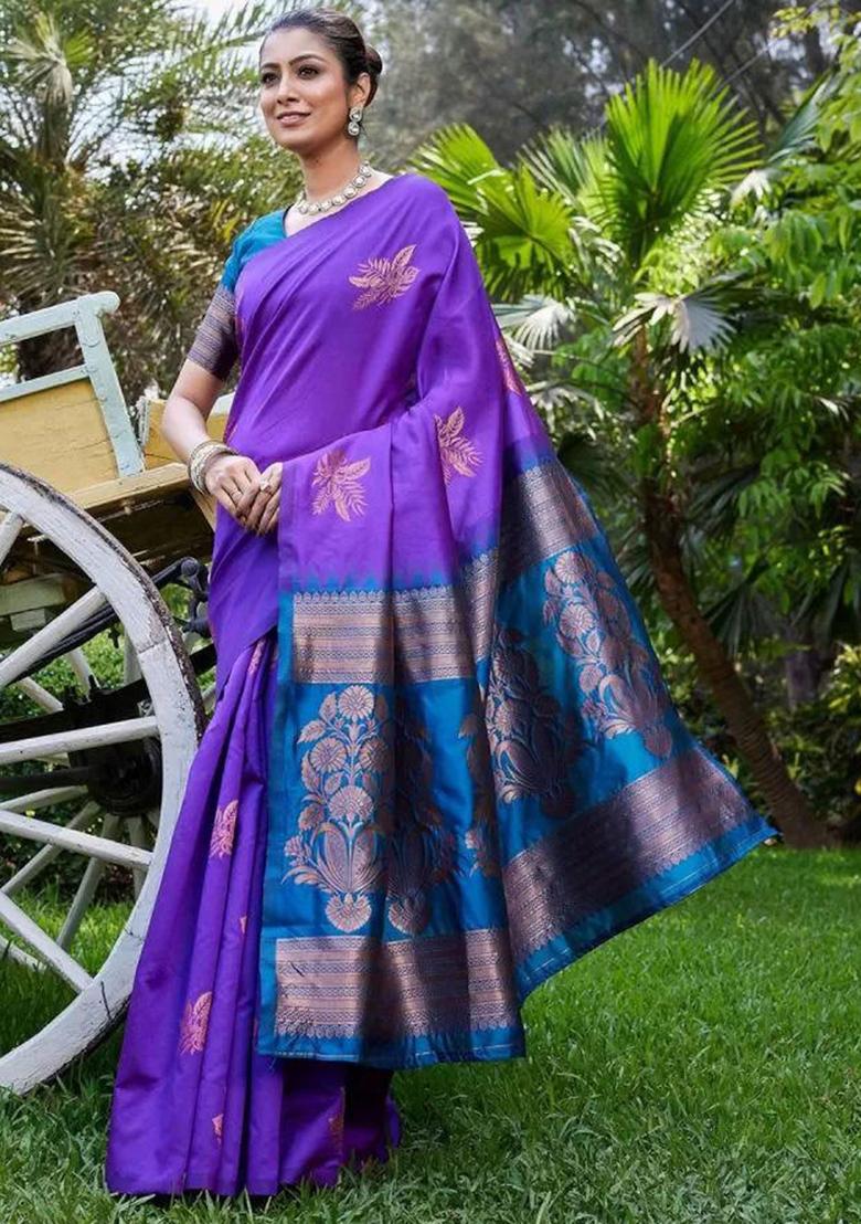 Purple Embroidered Silk Saree Set - Indya
