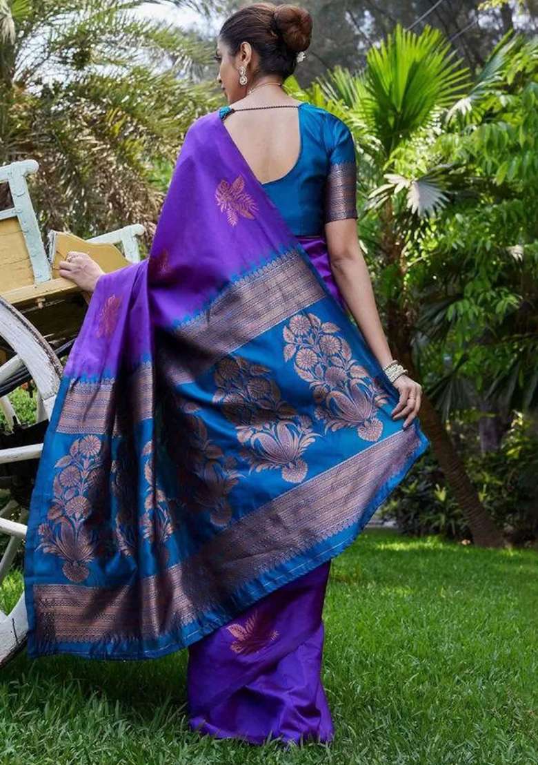 Purple Embroidered Silk Blend Saree Set for Diwali and Festive Wear - Indya