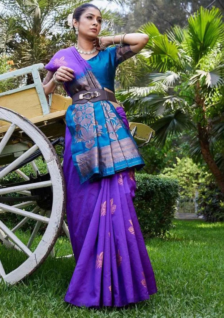 Purple Embroidered Silk Saree Set - Indya