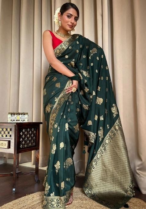 Green Embroidered Silk Saree Set