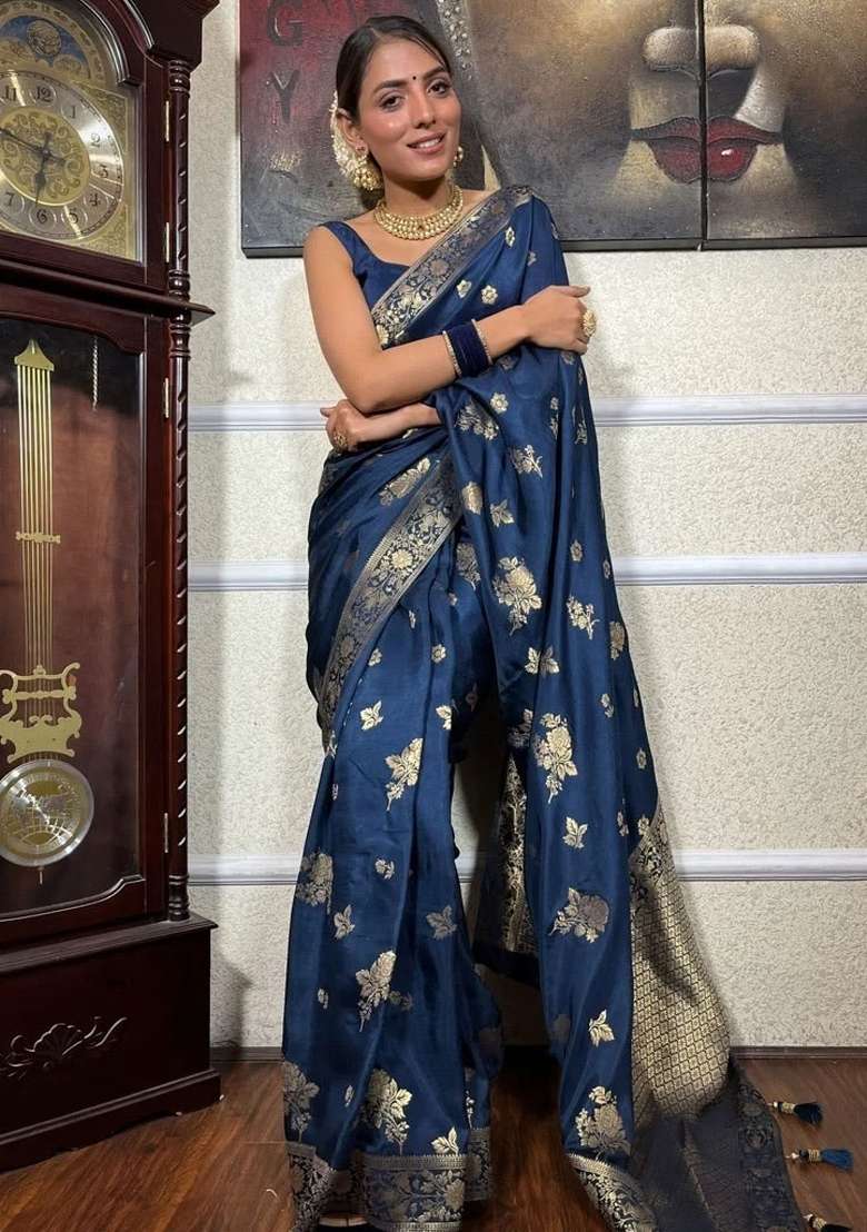 Blue Embroidered Silk Blend Saree Set - Indya
