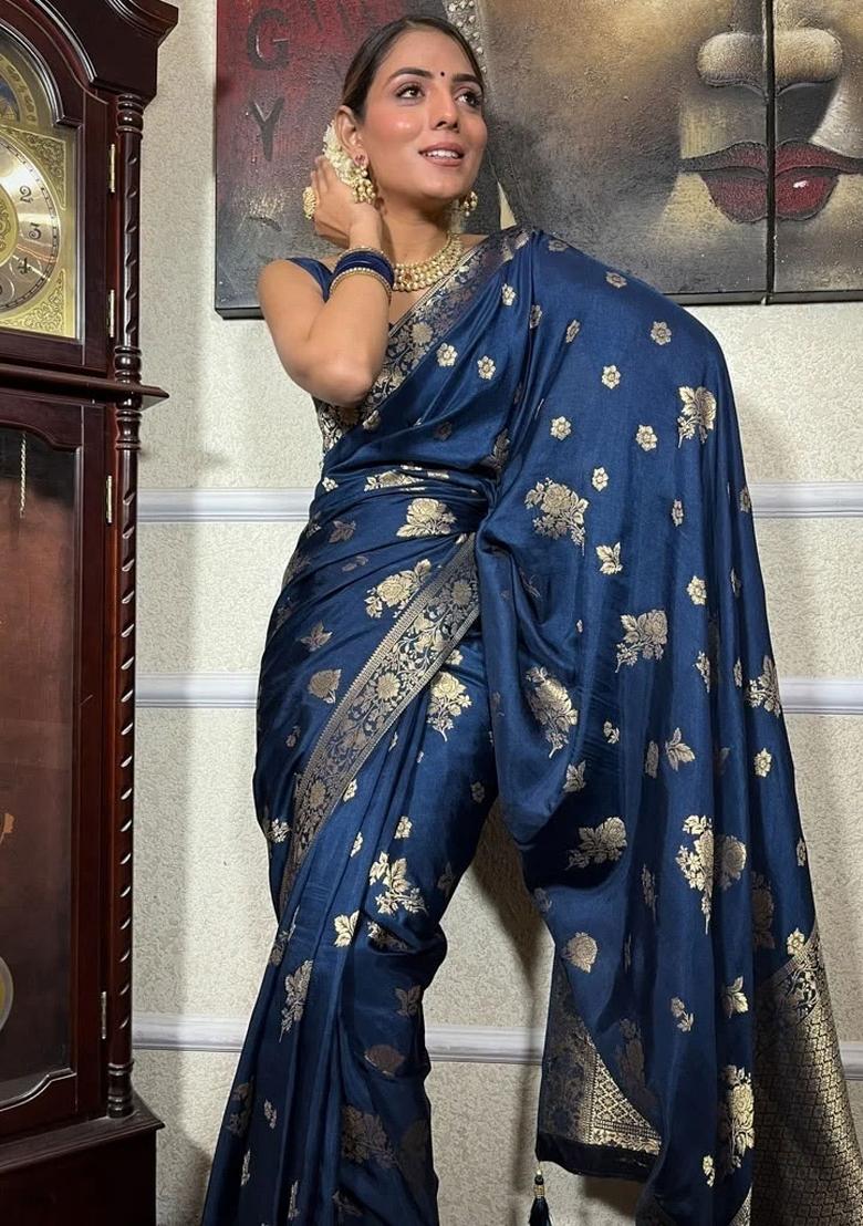 Blue Embroidered Silk Saree Set - Indya