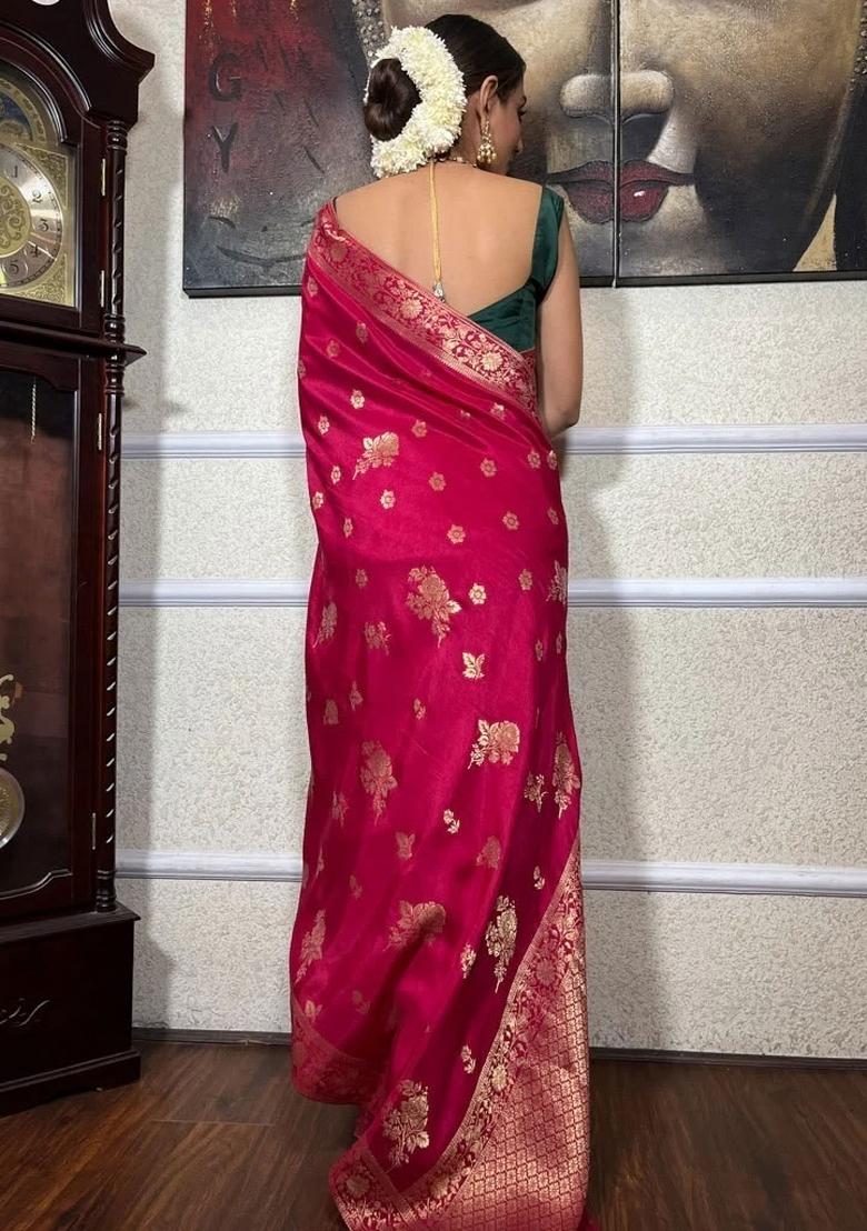 Pink Embroidered Silk Saree Set - Indya