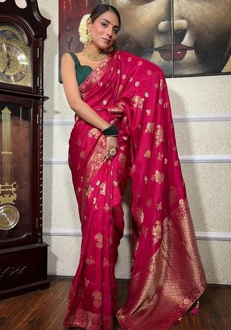 Pink Embroidered Silk Saree Set