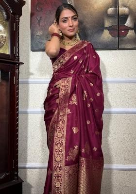 Wine Embroidered Silk Saree Set